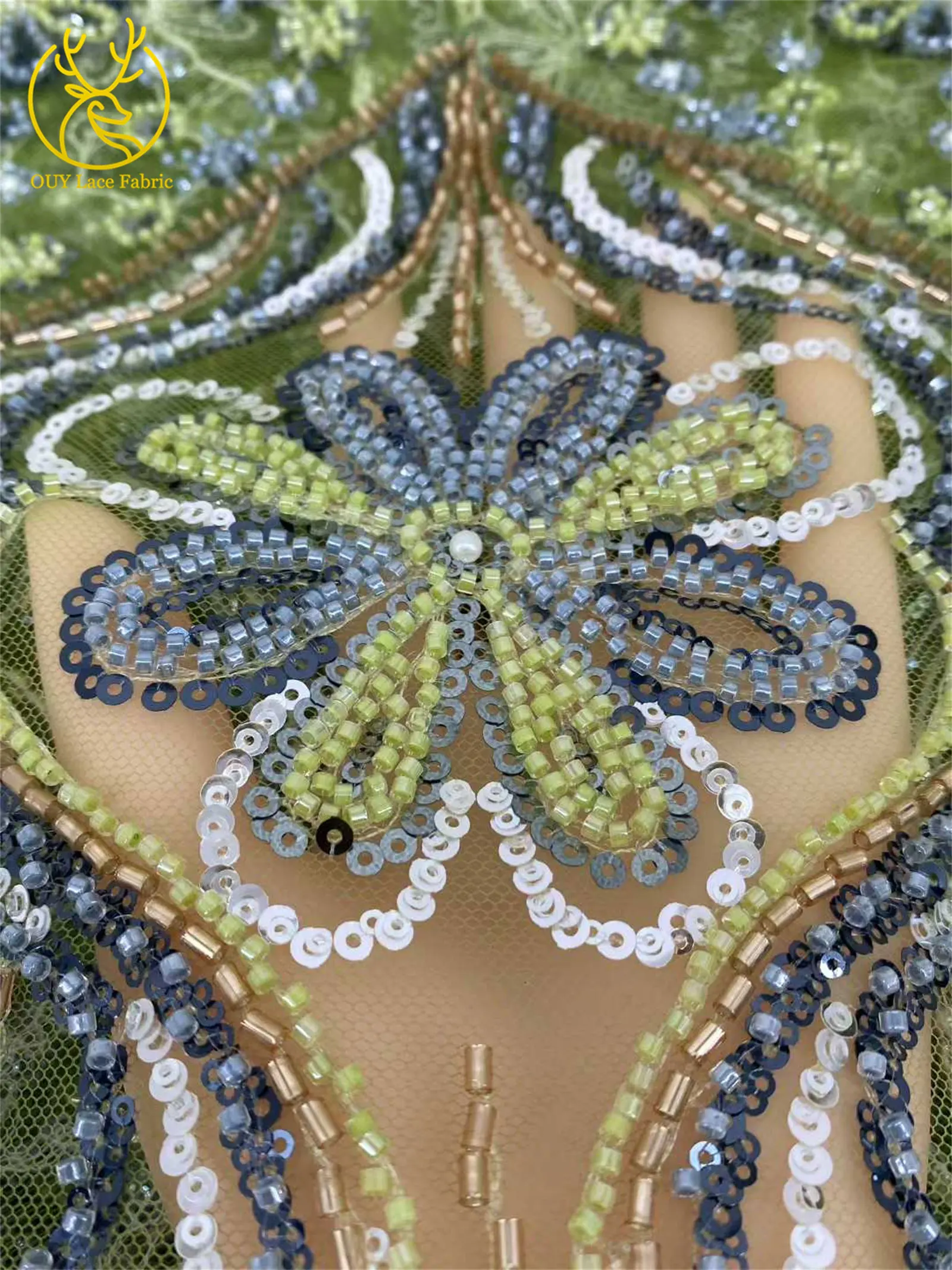 ブラウンアフリカビーズレース生地2025高品質フランスナイジェリア絶妙なスパンコールレース生地、ウェディングパーティードレス用5ヤード