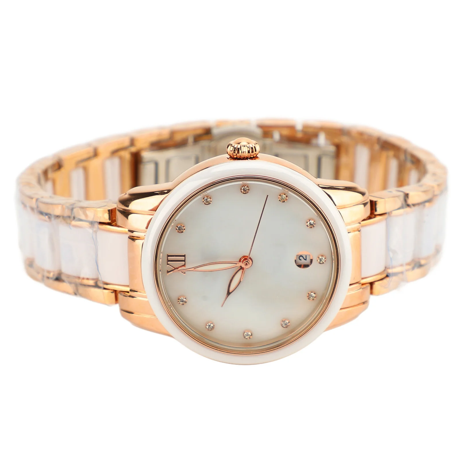 Clearance Deal Quartz Watch Rhinestone Decoration Ceramic Stainless Steel Band Water Resistant Wrist Watch with Date Rose Gold