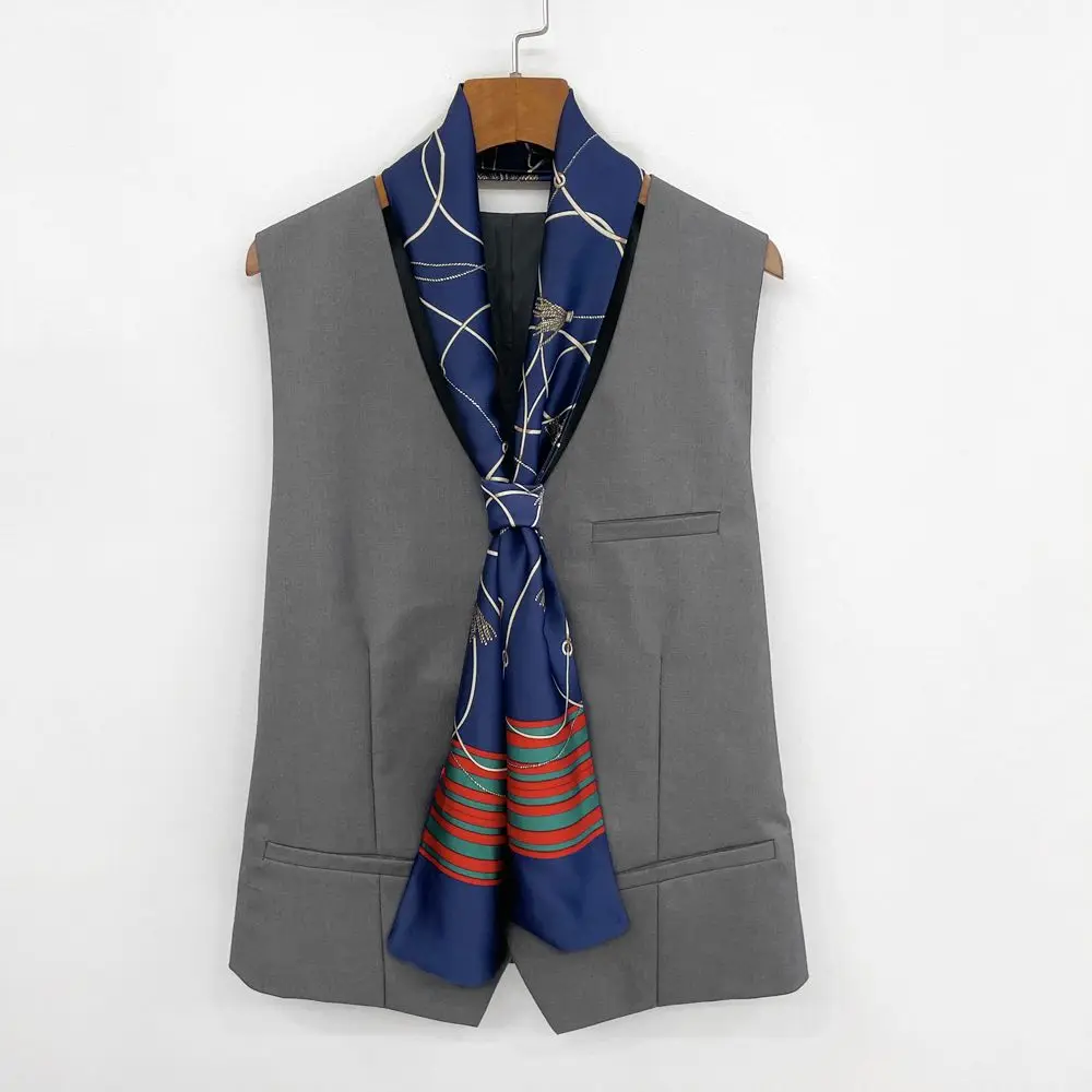 Men's Layered Scarf British Neck Warmer Business Retro Small Silk Scarf for Shirts and Suits Long Thin Neck Scarf