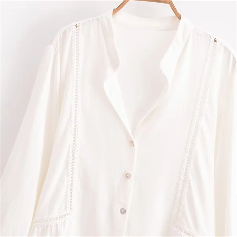 PB & ZA2024-V-Neck Lace patchwork shirt, roupa de mulher, versátil, casual, simples, elegante, temperamento, pendulares, outono, novo