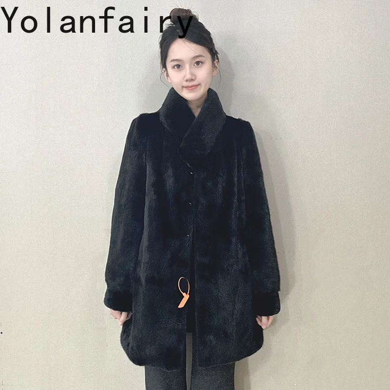 YOLANFAIRY Real Fur Coat Woman Luxury 2025 Winter Mid-length Elegant Natural Whole Mink Fur Jacket Women Fashion Black Fur Coats