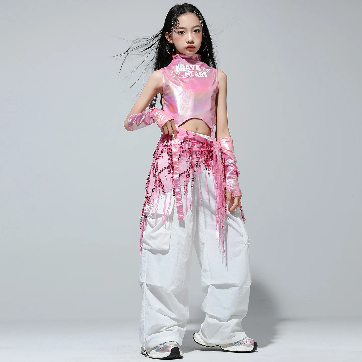 Kid Hip Hop Kleidung Laser Rosa Mock Neck Strap Crop Tank Top Weiß Straße Fallschirm Cargo Hosen für Mädchen Tanz Kostüm Kleidung
