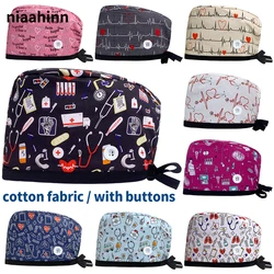 Gorros quirúrgicos Baotou con botones para mujer, gorro quirúrgico con estampado médico para farmacia, Clínica de mascotas, médicos y enfermeras