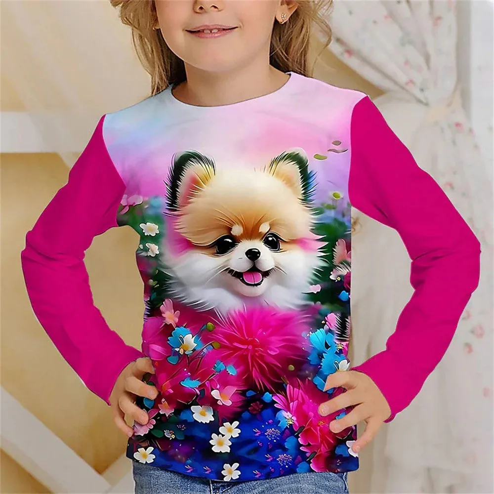 Children's T-Shirt Kawaii Full Sleeves T-Shirts for Girl Tiger Cat Cute Tees Clothes 2023 Autumn Kid Top O-Neck Outdoor Clothing