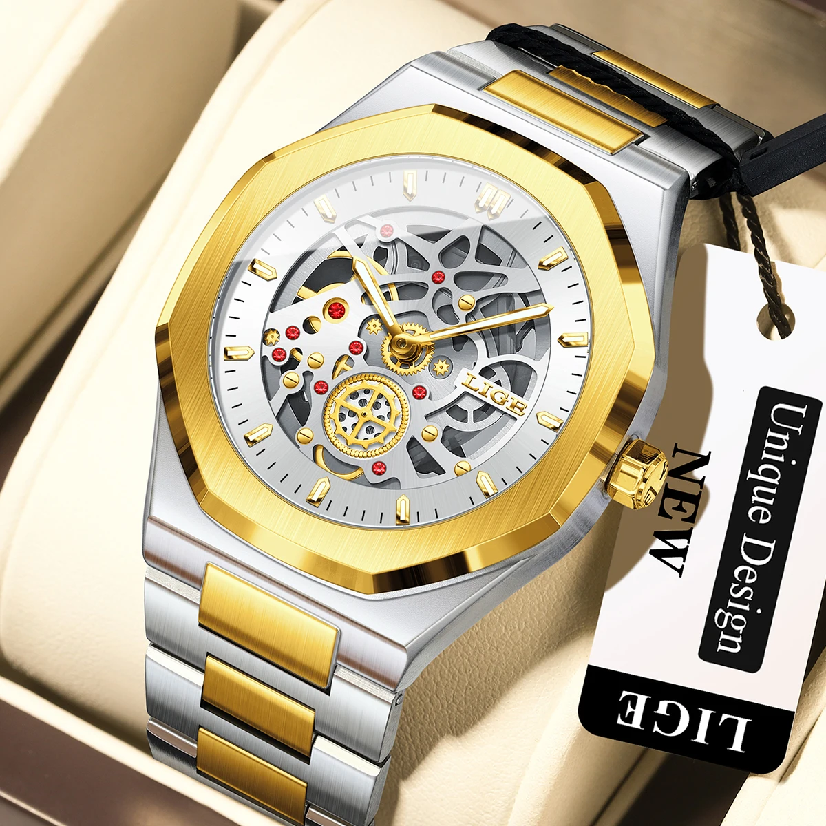 LIGE Luxus Herrenuhren Skelett Automatikuhr Design-Zifferblatt Quarz-Armbanduhren Wasserdicht Leuchtend Stahlarmband Uhr für Männer
