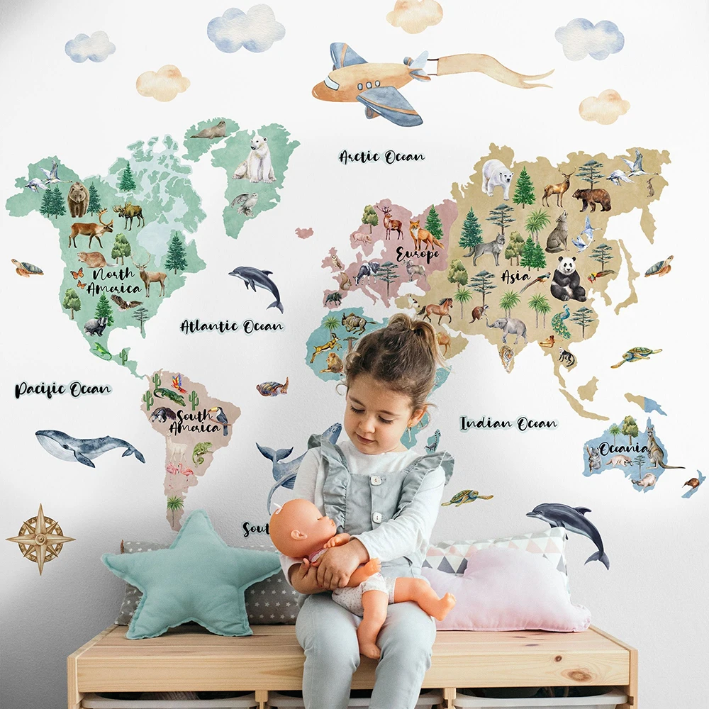 Cartoon Watercolor Kids World Map Animal Wall Sticker Playroom Baby Nursery Jungle Wildlife Forest Wall Decal Bedroom Decor