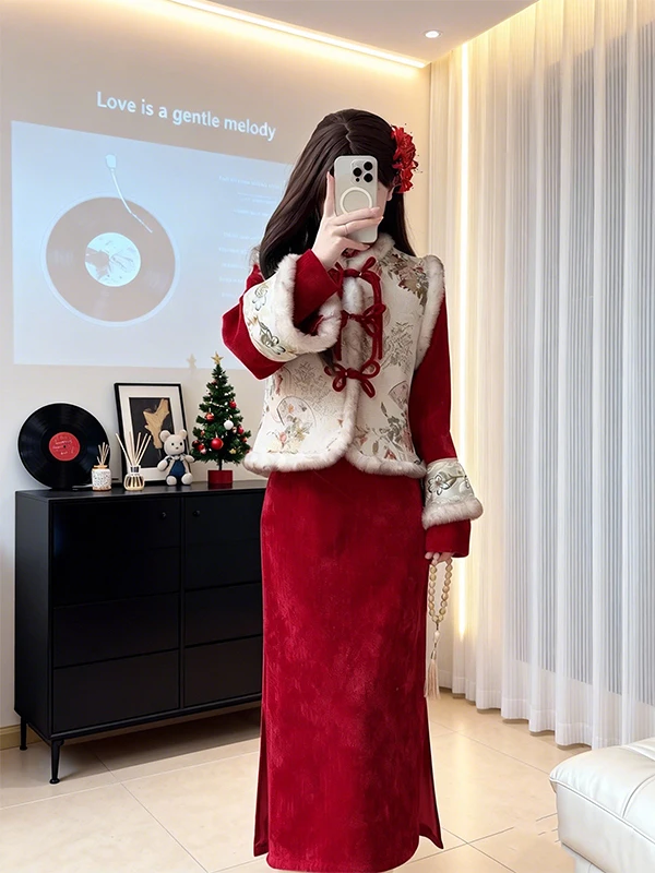 

Red Cisas Set Winter New 2026 Improved New Chinese Sle Retro Long Sve New Year Robe Skirt Ele Women's Suit
