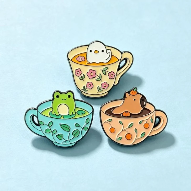 New Funny Animal Coffee Cup Brooch Cartoon Duck Frog Creative Enamel Pin Badge for Gift DIY Clothing