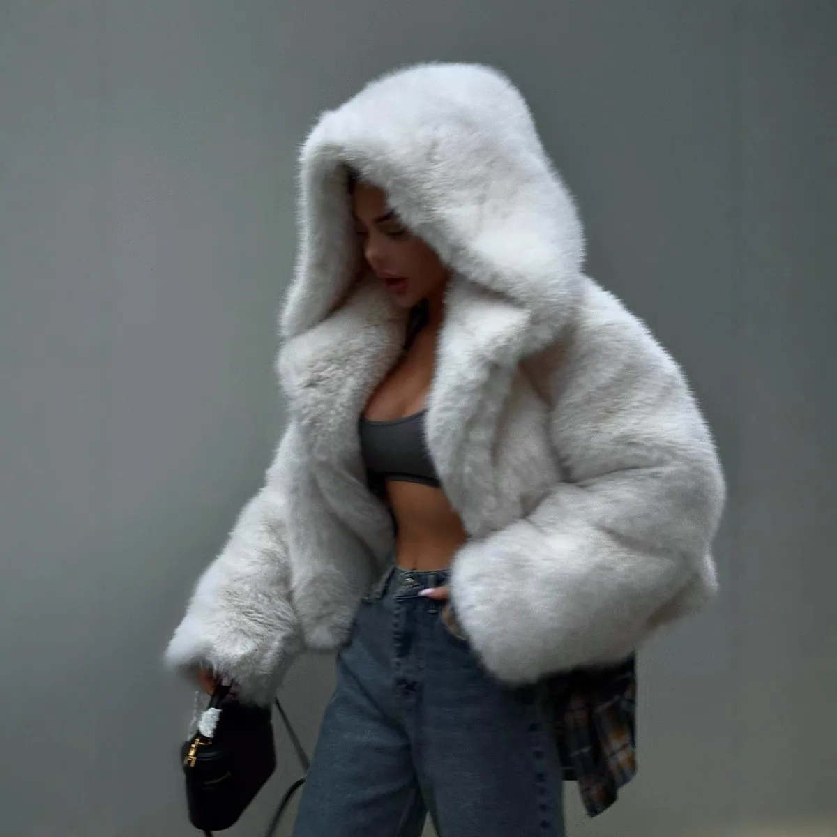 Hooded 3d Pattern Top Short Length Urban with Stand Collar Long Sleeve Regular Sleeve Cropped Elegant Commuter Autumn Women Coat