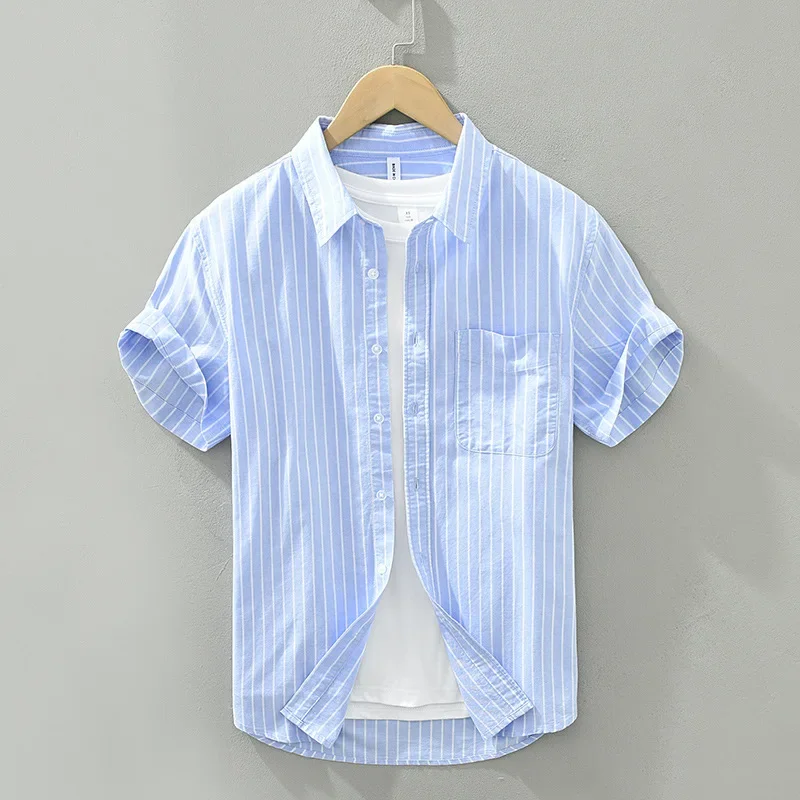 

Fresh Summer Striped Shirts Male Daily Casual Shirt Lapel Pure Cotton Short Sleeve Shirt with Pocket Youth Tops Simple Clothing