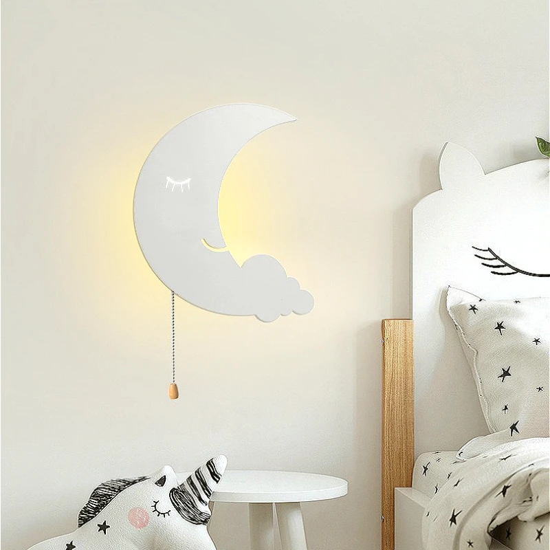 Kids Wall Lamp Rechargeable Cordless, Moon Cloud Star Night Light, USB/ Battery Powered Sconce for Bedside Nursery Kindergarten