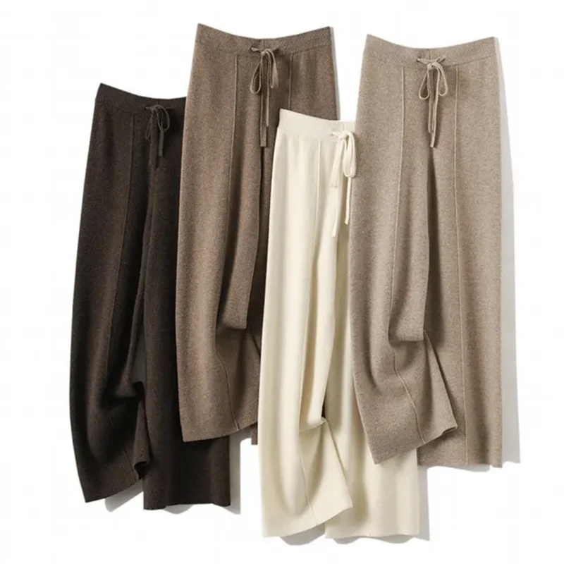 Basic Meino Wool Blend Women Pant High Waist Drawstring Knitted Wide Leg Pants Solid Color Loose Casual Lady Trousers Daily Wear