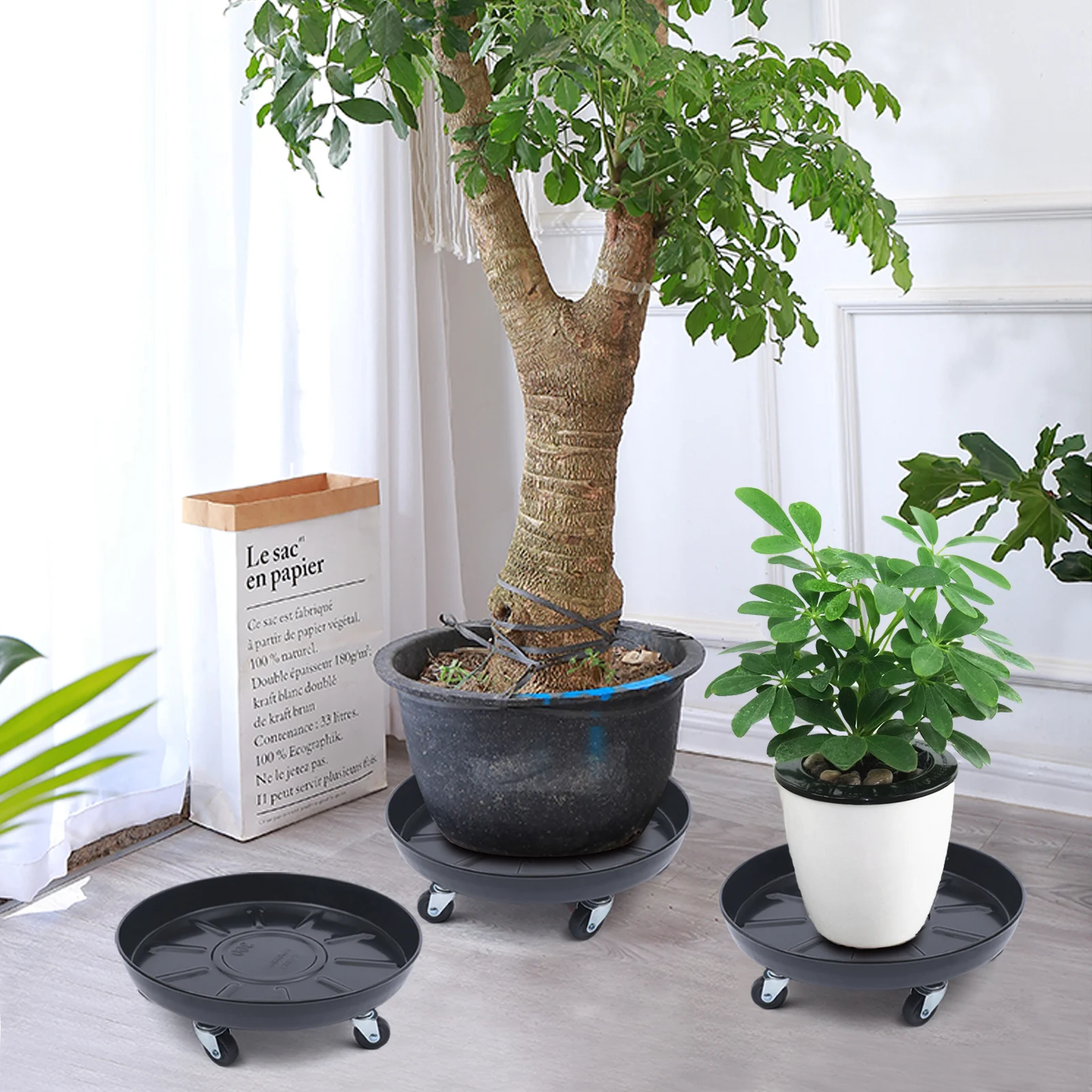 

Plant Caddy with Wheels Plant Roller Heavy Duty Plant Tray with Brake Wheels 3 Pcs Black Iron Plant Pot Stand with Rubber Wheels