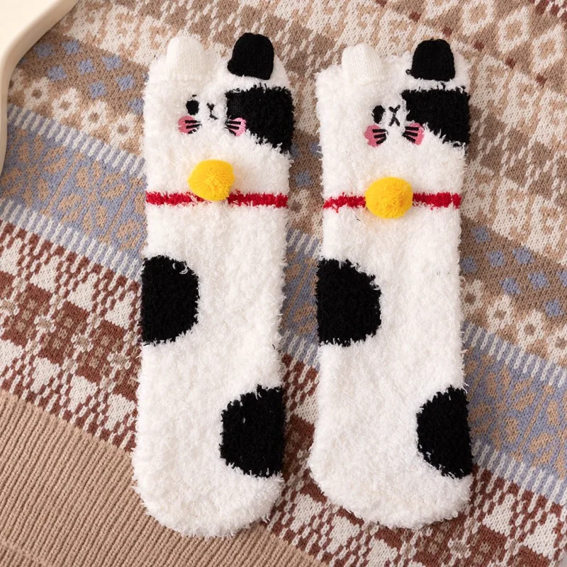 Autumn and Winter New Non-hair Ears Embroidery Fortune Cat Claws Sleep Children Warm Thick Socks