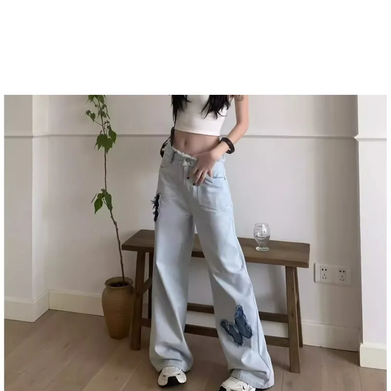 Imagem -04 - Calça Feminina de Bolsos com Zíper de Cintura Alta Jeans Angustiado Casual de Perna Larga Calça Solta Moda Primavera Outono