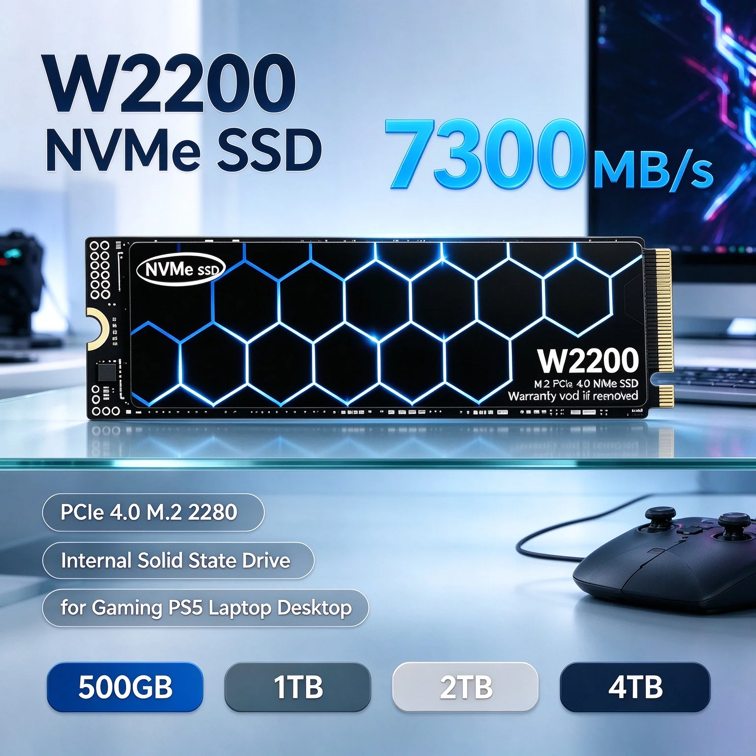 PCIe 4.0 M.2 2280 W2200 NVMe SSD 7300MB/s Launch Games in Seconds, 4TB Internal Drive for Desktop Laptop, High Speed Storage