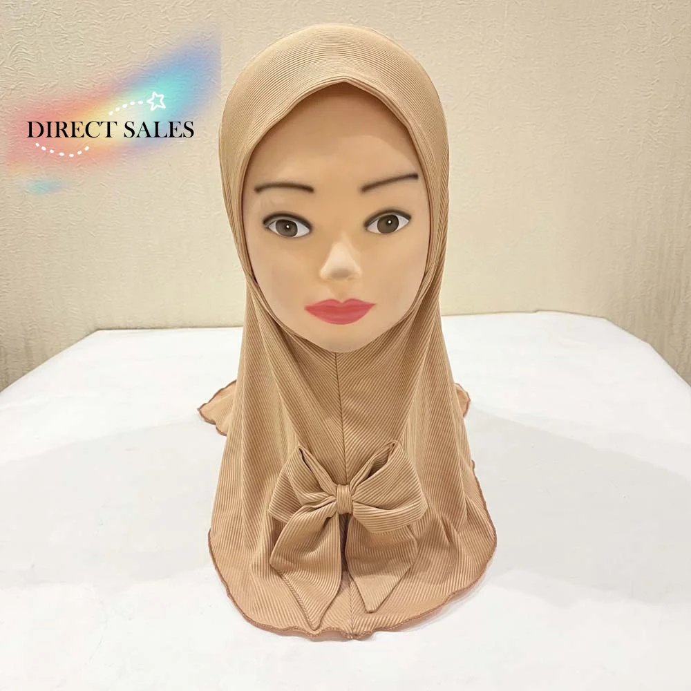 

Breathable Kids Instant Hijab Elastic Chin Support Sweet Bow Embellishment Girls Bowknot Headscarf Non-Slip Fit