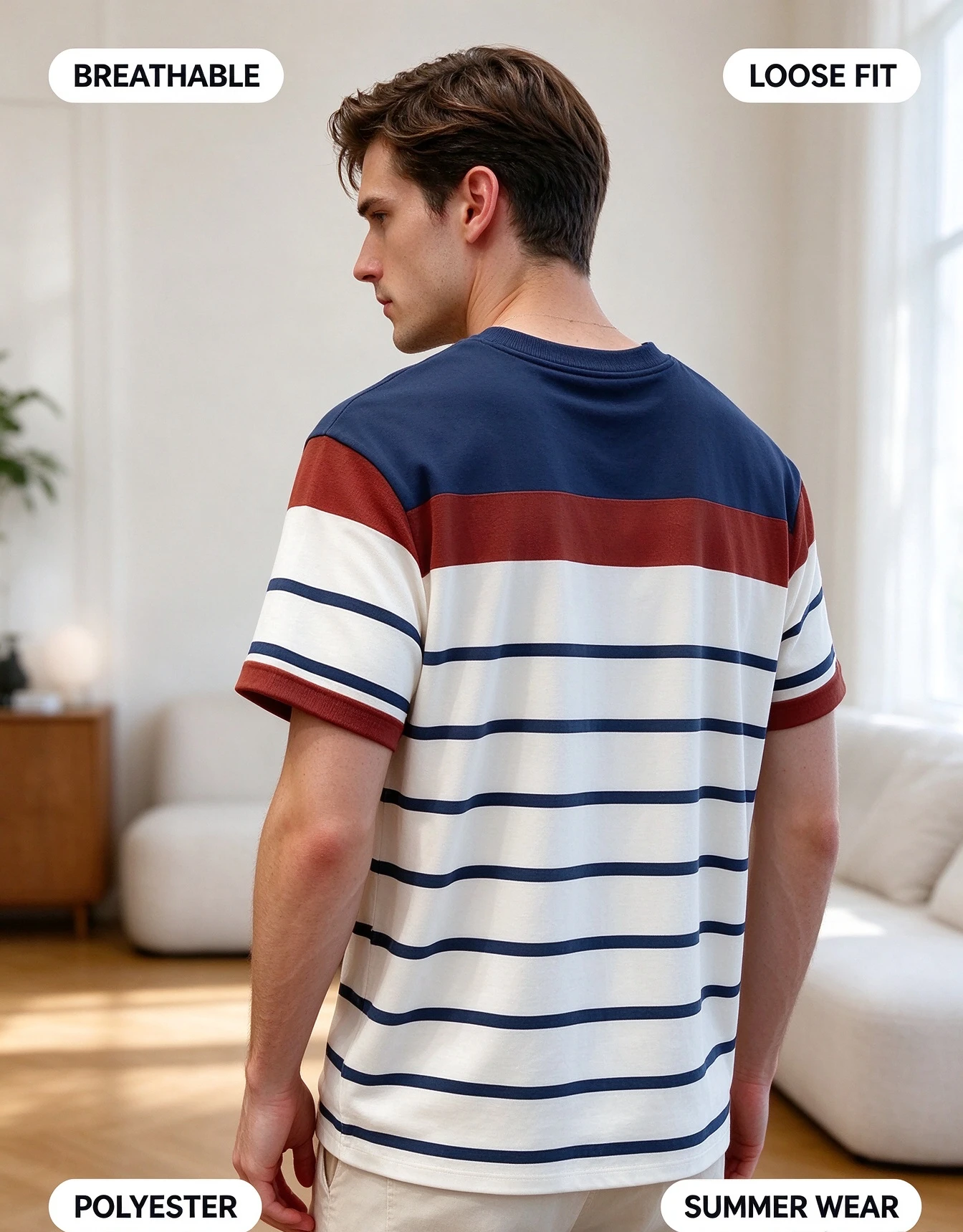 Mens Striped T Shirt Polyester 3D Printed Nautical Horizontal Crew Neck Short Sleeve Casual Summer Tee Loose Fit Comfortable
