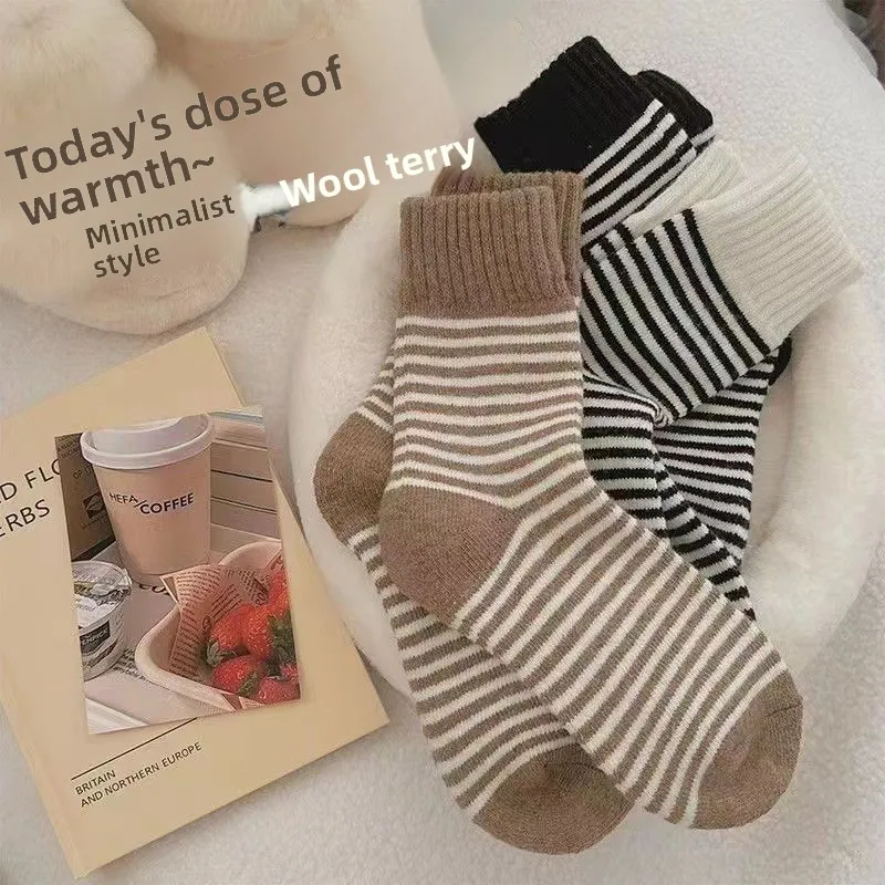 5 Paar Thermosocken für Kinder, mit Fleece gefüttert, dicke Wintersocken mit mittlerer Wade, gestreift, Unisex-Kleinkindsocken – Detail 5