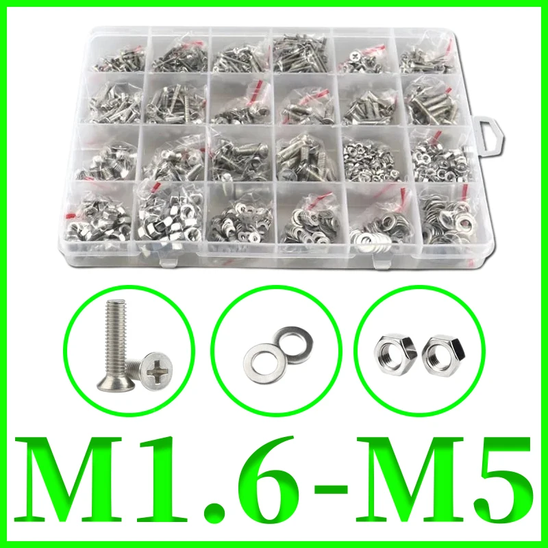 

M1.6 M2 M2.5 M3 M4 M5 Винты с крестообразным шлицем и плоской потайной головкой из нержавеющей стали 304 Болт и гайка Шайба Ассортимент Комплект Коробка