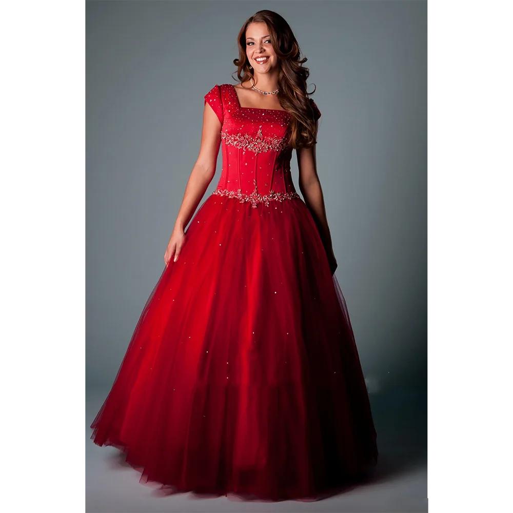 

Red Crystals Long Modest Prom Dresses With Cap Sleeves Square Beaded Puffy Floor Length Formal Prom Party Dresses