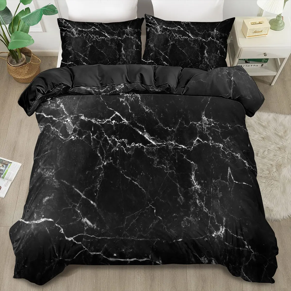 Black Marble Stone Print Bedding Set King Queen Size Duvet Cover with Quilt Style Bedroom Decor Machine Washable