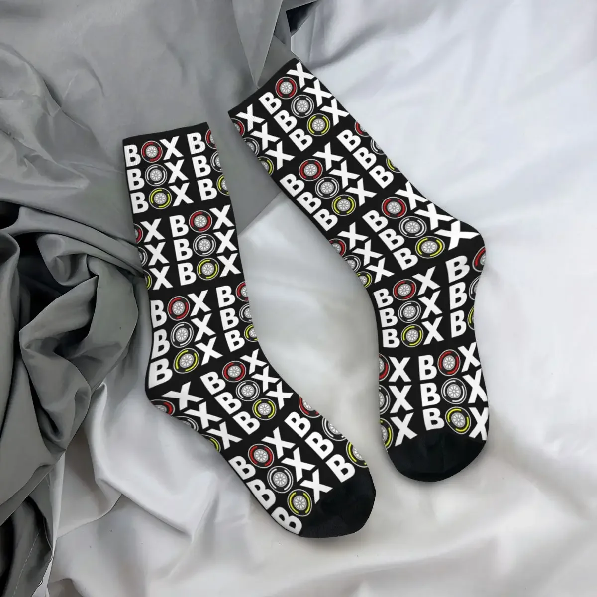 Box Box Box F1 Tyre Compound White Text Design Socks Harajuku Super Soft Stockings All Season Long Socks Accessories for Unisex