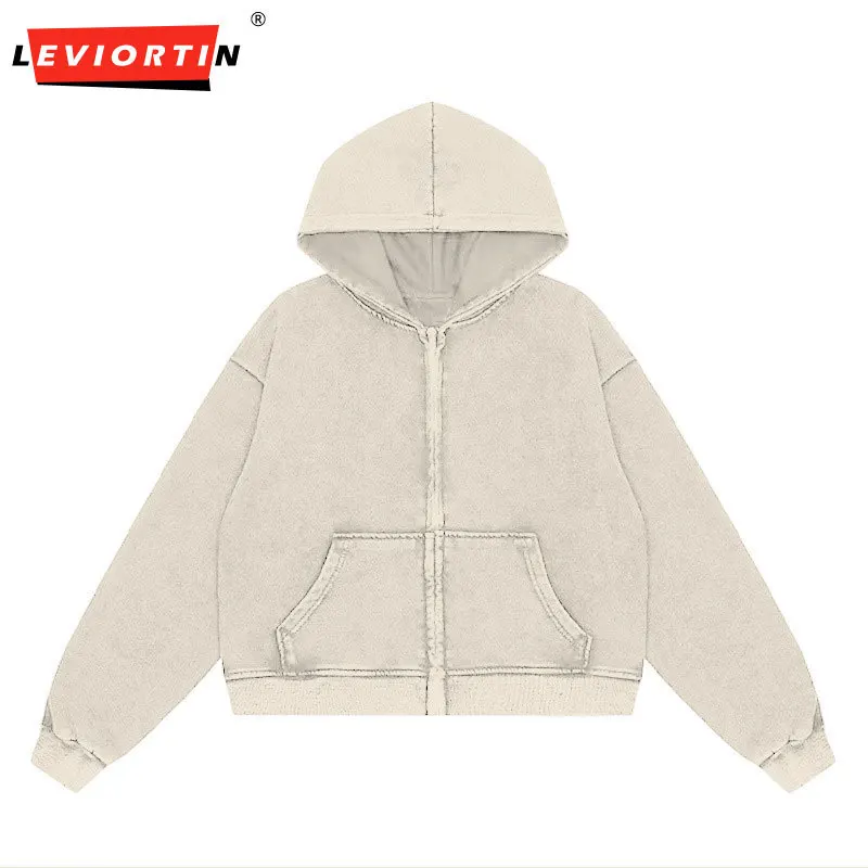 Retro Men Heavyweight 350gsm Zipper Hoodies Jacket Streetwear Unisex Loose Washed Cotton Hooded Sweaters Coat Hip Hop Outwears