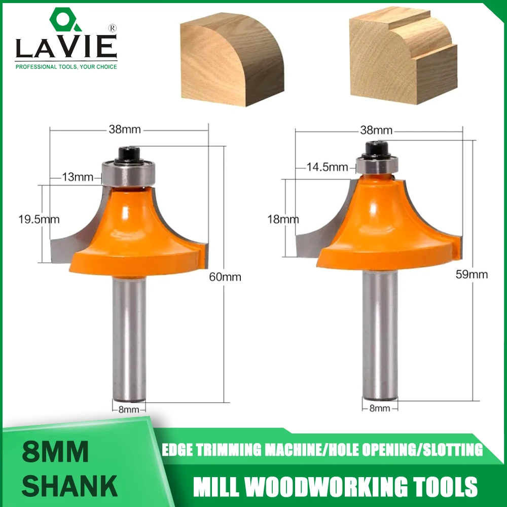 LAVIE 1PC 8mm Shank Round-Over Router Bits for Wood Woodworking Tool Flute Endmill Bearing Milling Cutter Corner Round Over Bit