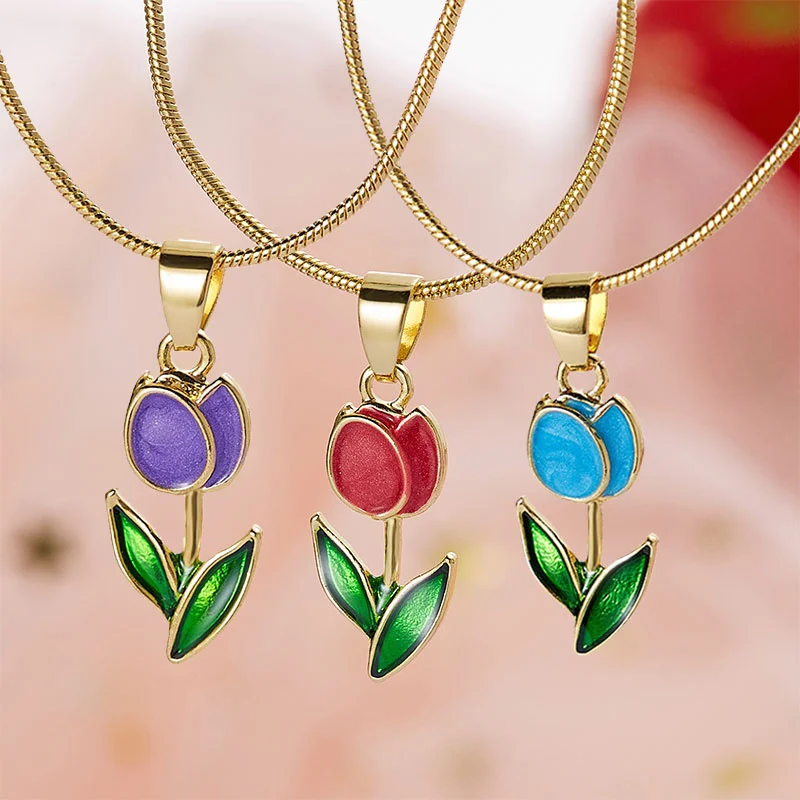 Vintage Elegant Tulip Flower Pendant Necklace for Women Fashion Aesthetic Flowers Clavicle Chain Choker Wedding Party Jewelry