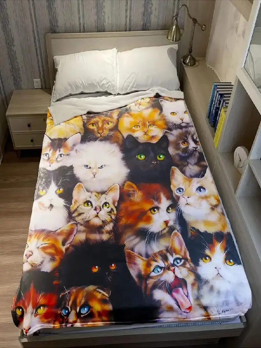 Cute Kitten Print Plush Throw Blanket Soft Cozy Fleece Warm Bedspread Shawl for Bed Sofa Home Decor