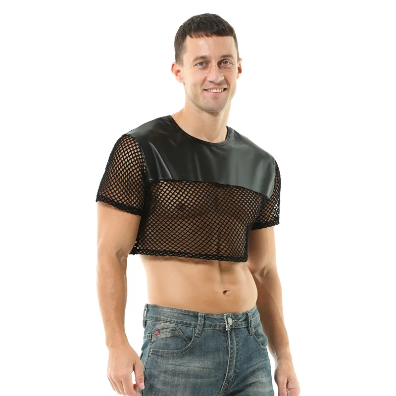 Sexy Men PU Leather Mesh Tops See Through Cropped T-shirts Male Transparent Fishnet Tee Short Sleeve Shirts Night Clubwear S-XL
