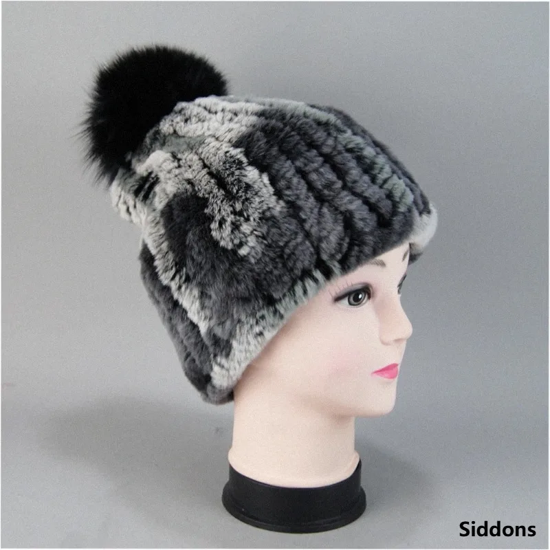 New Winter Natural Real Rex Rabbit Fur Hat Women Elasitc Warm Hand Knitted Real Rex Rabbit Fur Caps Fox Fur Pompoms Beanies Cap