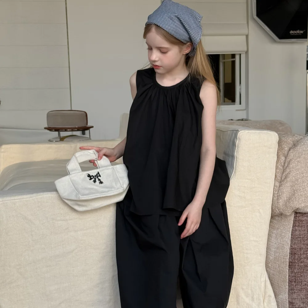 

Girls Suit 2025 Summer New Childrens Wear Korean Style Baby Girl Solid Color Vest Nine-point Pants Two-piece Casual Simple Daily