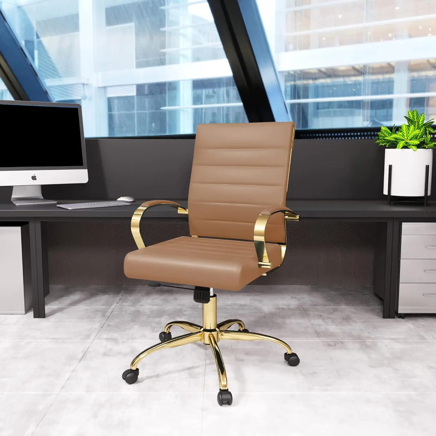 Benmar Modern Mid-Back Adjustable Swivel Leather Office Chair with Gold Frame (Light Brown)