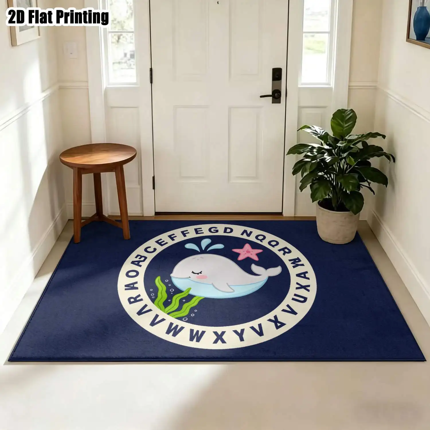 1Pc 2D Printed Carpet: Navy Base, Cartoon Whale & Starfish Patterns, Instagram-Style, Modern Simple, Home Decor, Multiple Sizes, Machine Washable, Multi-Scene Use