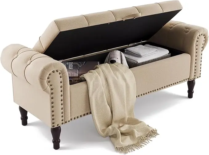 Storage Bench, Queen Linen Tufted Button End of Bed Bench with Rolled Arm and Nailhead Trim, Upholstered Bedroom Bench