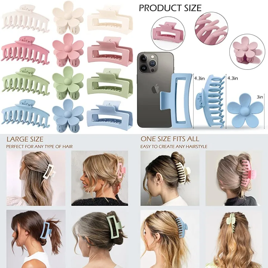 

Large Hair Claw Clips 12 Pack, Flower Hair Clips for Thin Hair, Big Square Matte Strong hold for Thick Hair, 3 Styles Hair Clip