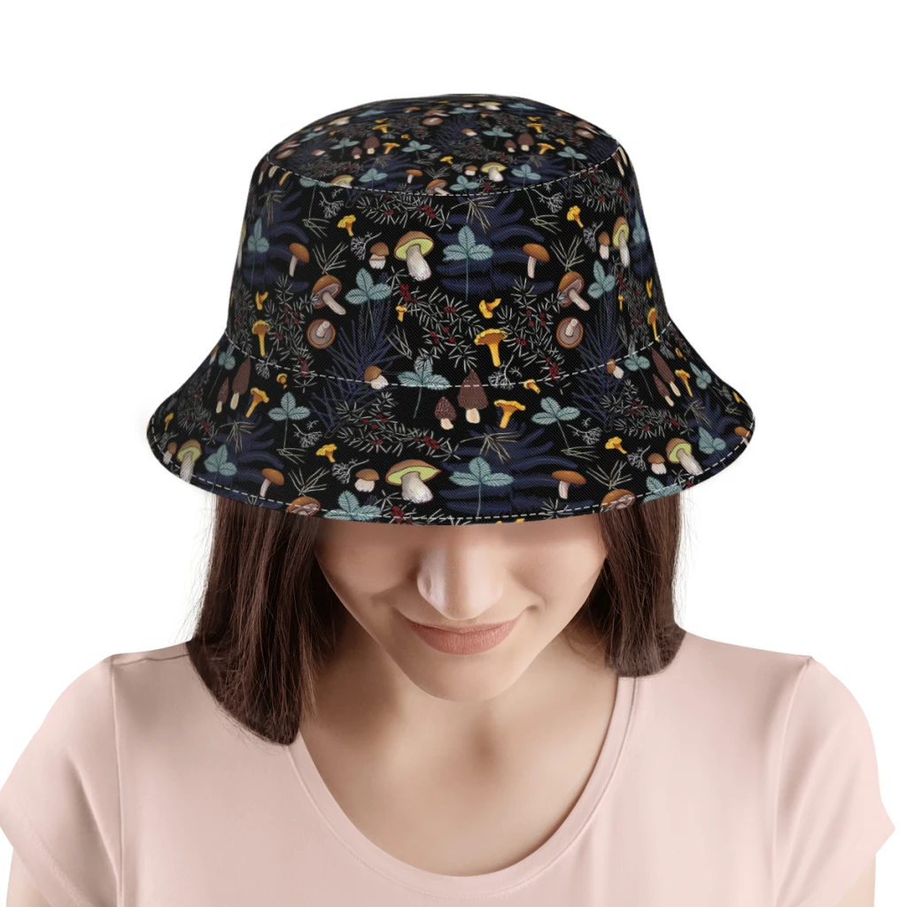 Dark Wild Forest Mushrooms Polyester Bucket Hats Unisex Full Printed Panama Fisherman Cap Outdoor Sun Hat