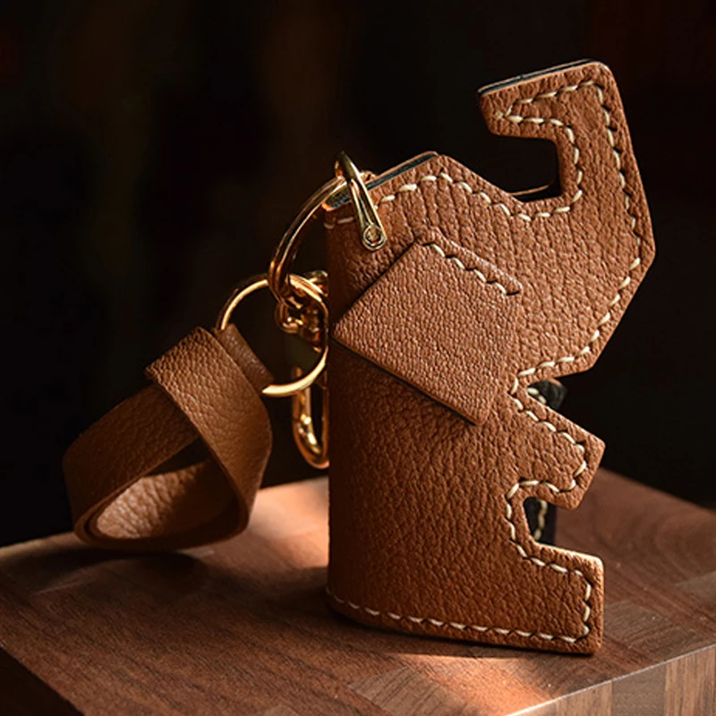Handmade Genuine Leather 3D Little Elephant Bag Charm Key Chain with Gift Packing
