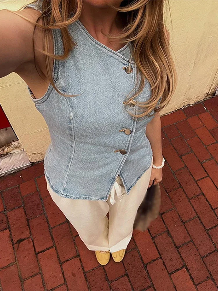 CPSYMYM Elegant Denim Vest Skirts Set Women Light Blue Single Breasted Vest Front Split Skirt Female Suit  Summer Slim Lady Sets