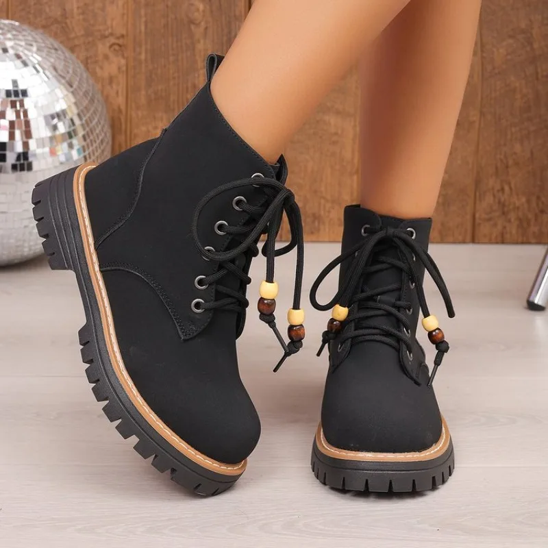 Women's Ankle Boots Round Toe Low Heel Matte Finish Lace-Up Chunky Lug Sole Combat Style Bead Detail Casual Everyday Shoes 2026