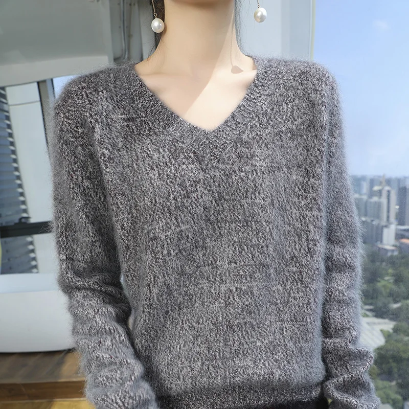 Women's V-Neck Pullover Sweater, Mink Cashmere Loose Floral Yarn, Large-Sized Long Sleeved Knitted Warmth New Autumn Winter 2024