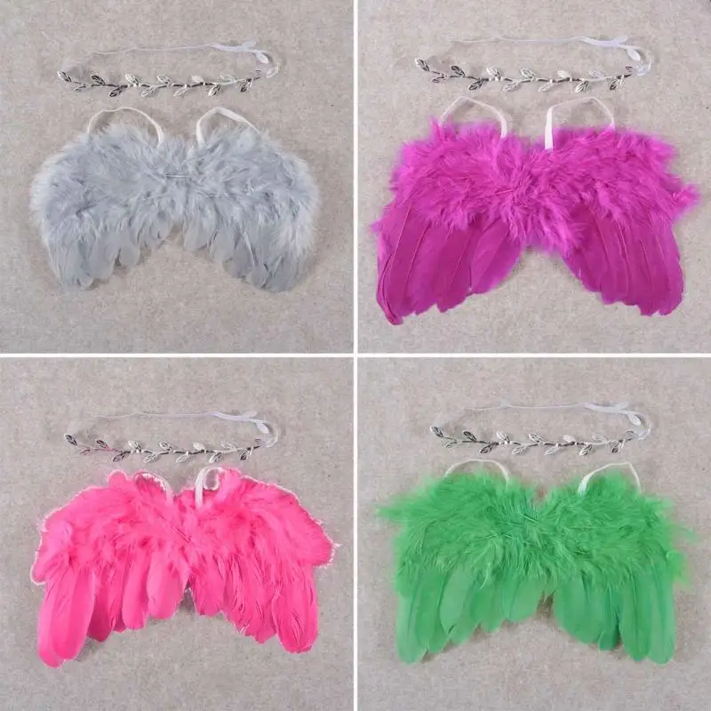 L5YF Fuzzy-Feather Engelenvleugels Hoofdband Set voor Baby Cosplay Meisjes Kostuum Fotografie Witte Engel Veren Vleugel Outfit