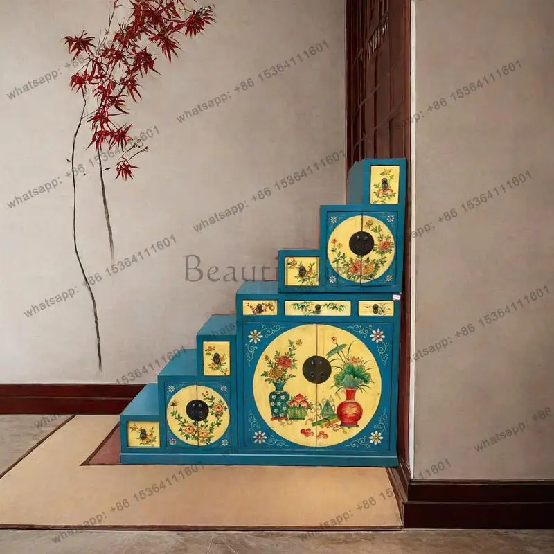New Chinese hand-painted solid wood staircase locker retro old locker