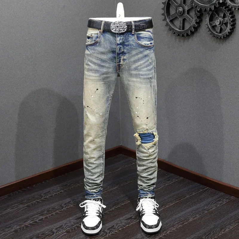 High Street Fashion Men Jeans Retro Washed Blue Stretch Skinny Fit Painted Ripped Jeans Men Patched Designer Hip Hop Brand Pants