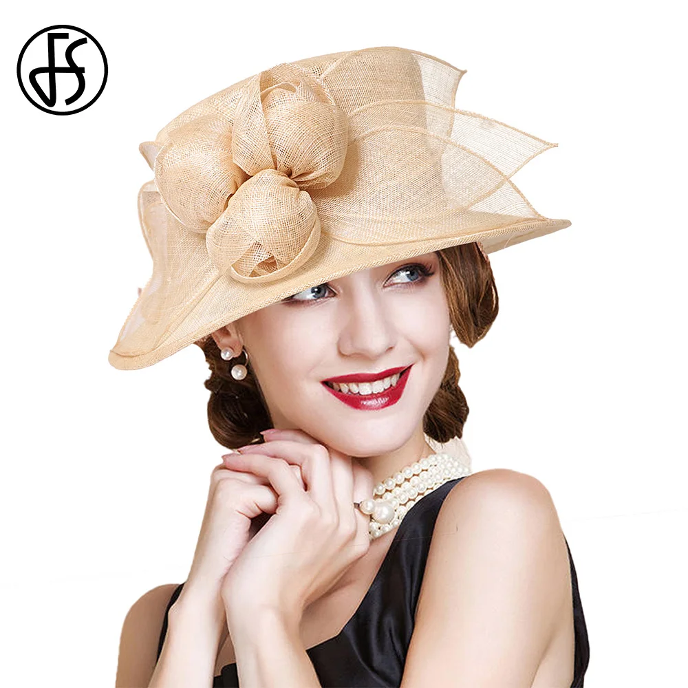 

FS 2024 Beige Yellow Flat Top Kentucky Hats For Women With Flower Wedding Sinamay Bowler Hat Beach Sun Protection Cap Female