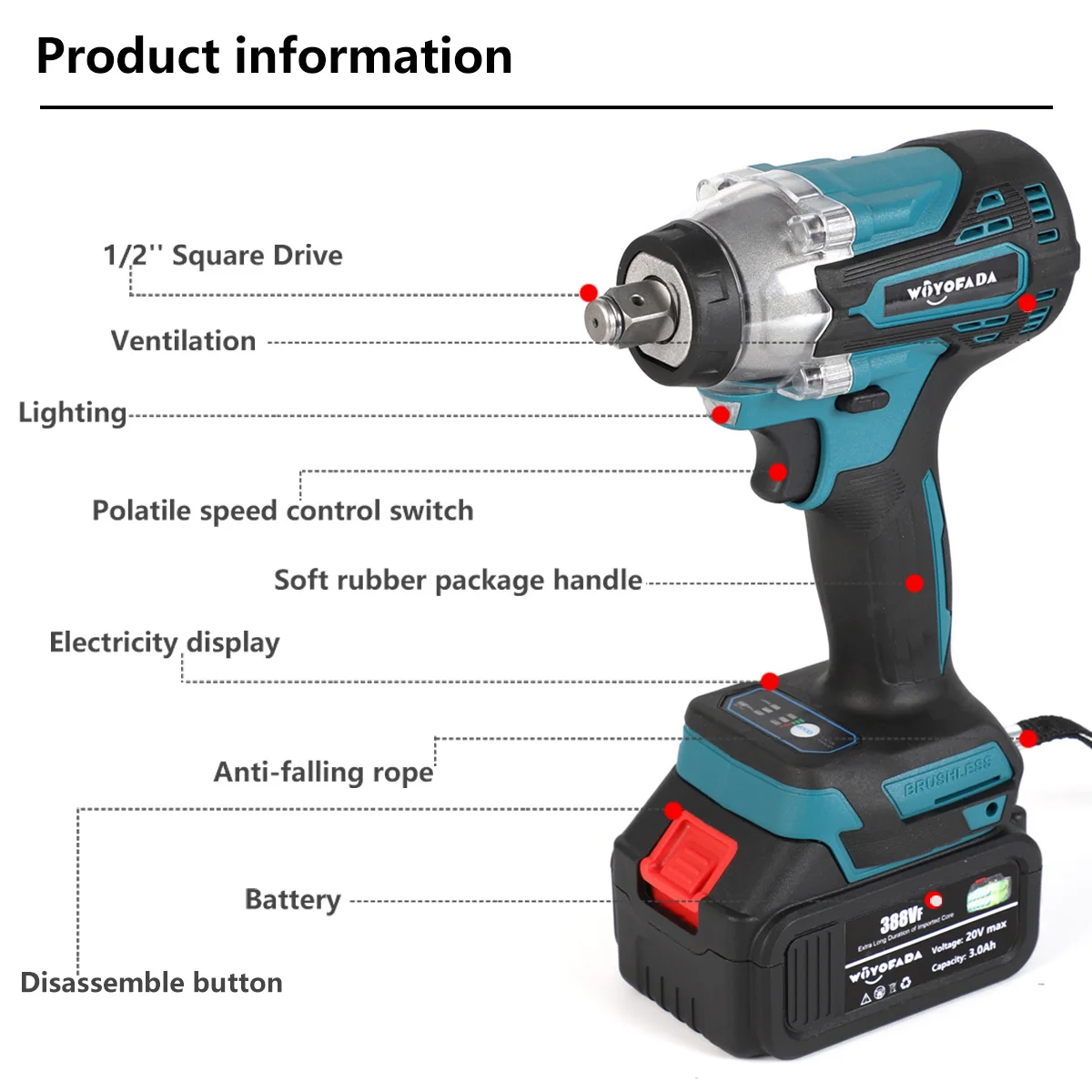 WOYOFADA Impact Wrench 18V Brushless Lithium High Torque Rechargeable Electric Wrench Cordless Power Tool for Makita 18V Battery