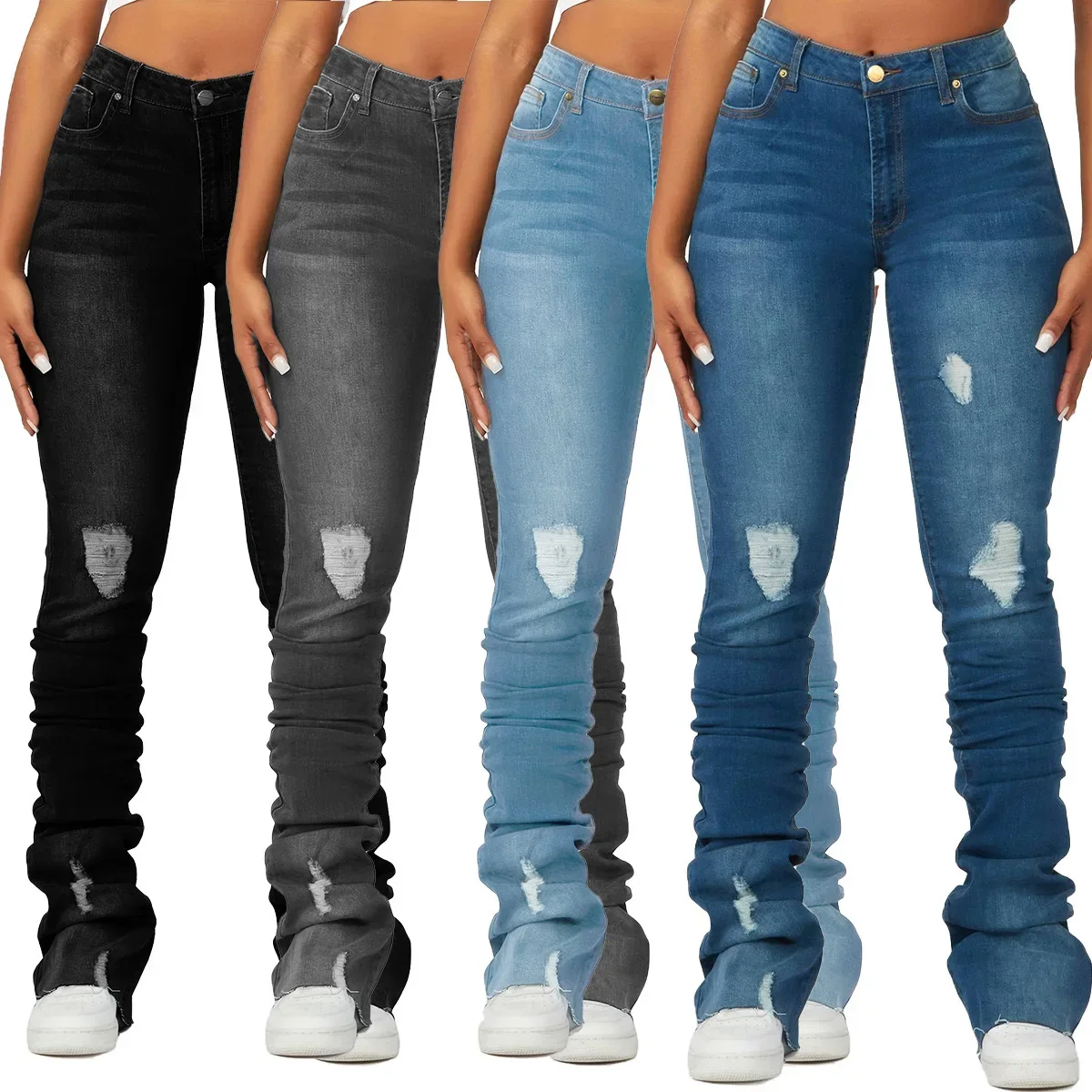 

Washed Denim Straight Pants Women Ankle Length Jean Ripped Hole Distressed Pockets Solid Casual Skinny Vintage High Waist