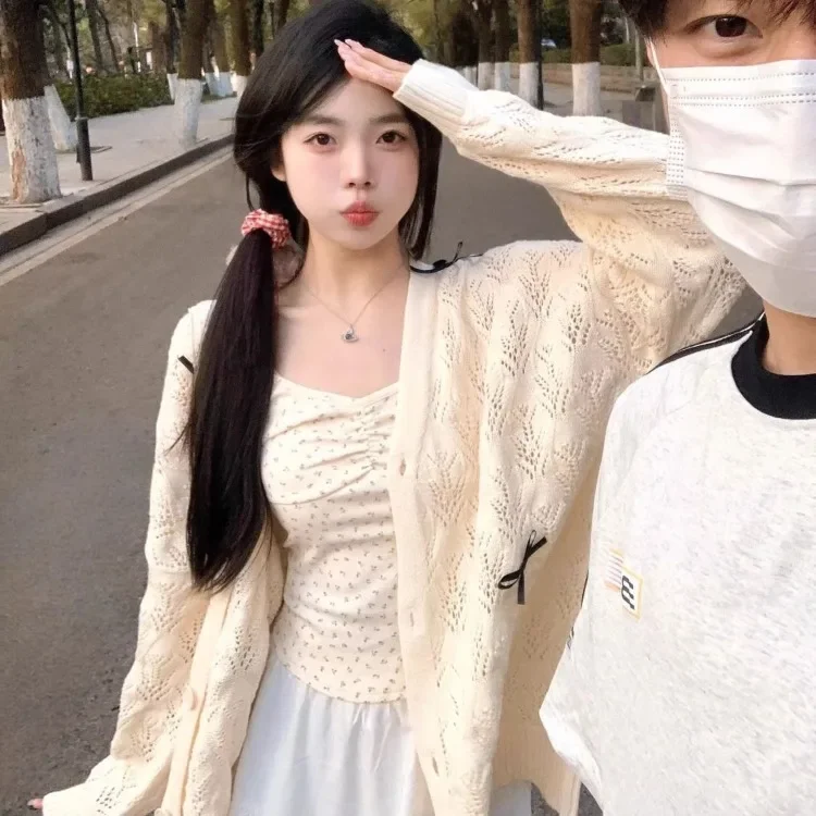 

Fashion Hollow Out Thin Knitted Tops Women 2025 New Bow V-neck Single Breasted Cardigans Y2k E-Girl Long Sleeve Loose Sweaters